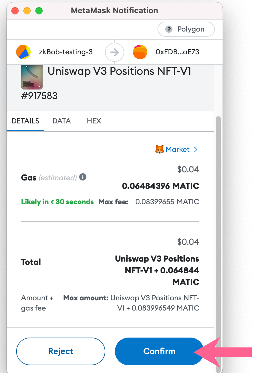 Confirm NFT Deposit in MetaMask