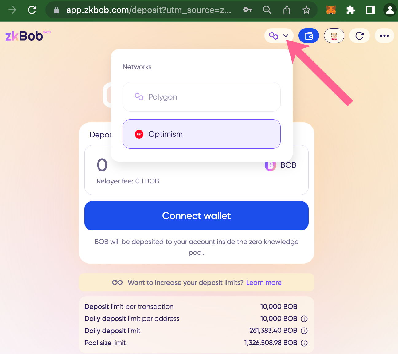 Connect your zkBob wallet to Optimism