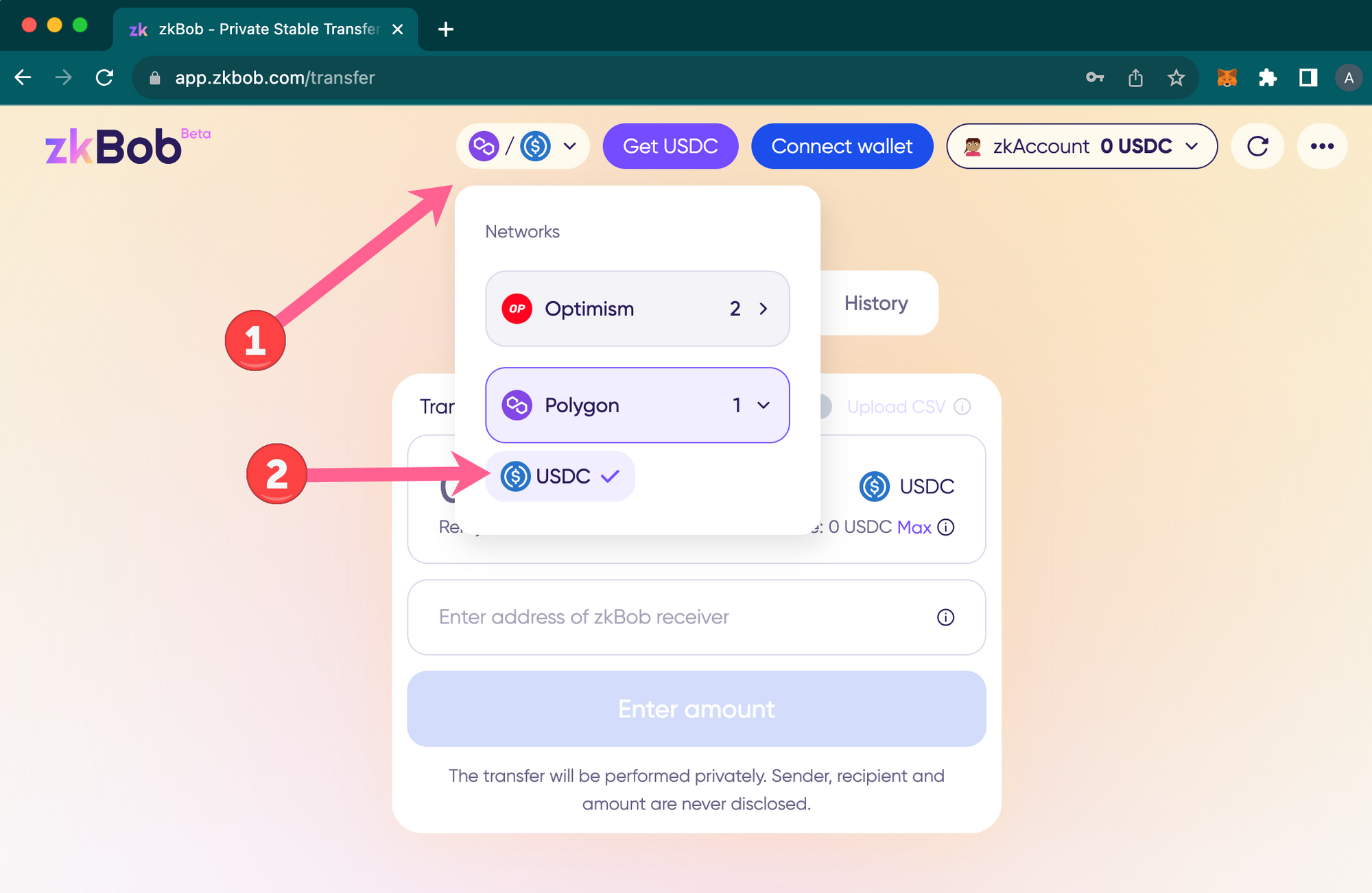 How to transfer USDC privately to multiple addresses in a single transaction