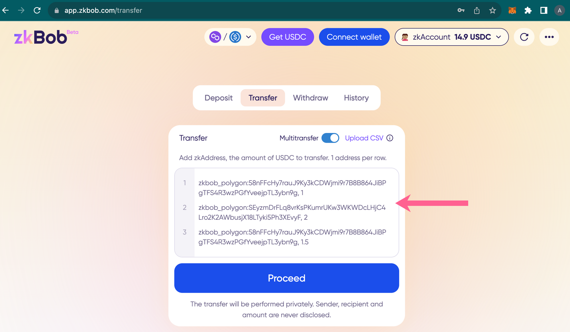 Enter details for a bulk private USDC transfer