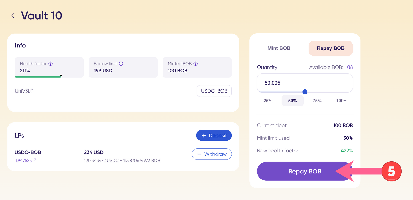 Finalize repayment in BOB CDP Vault