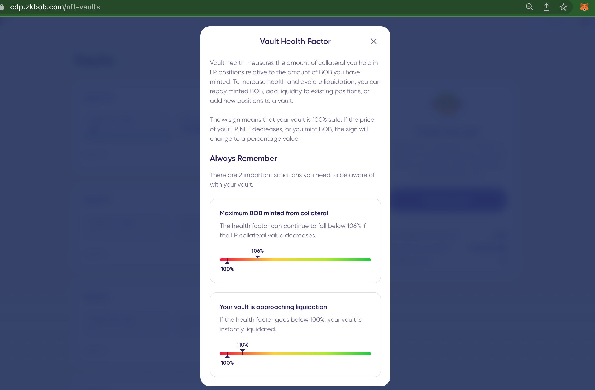 Additional info on BOB CDP health factor