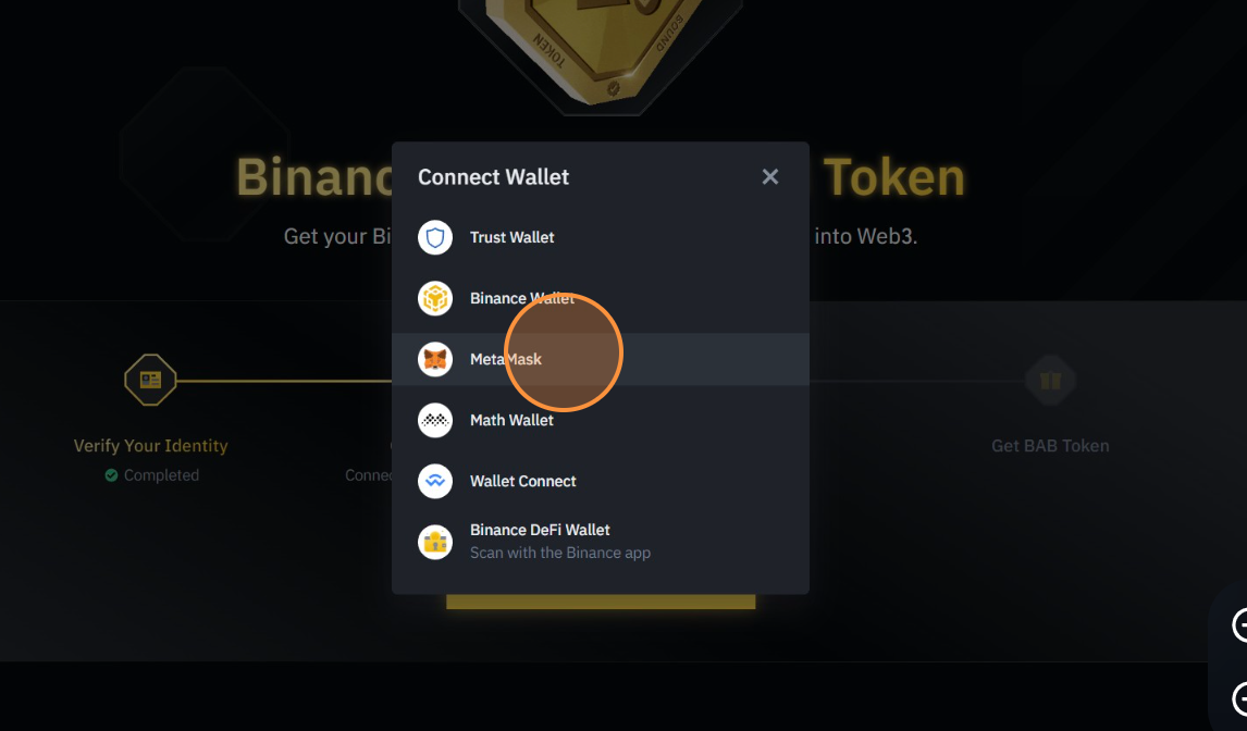 Select a wallet to connect with for Binance BAB token with zkBob