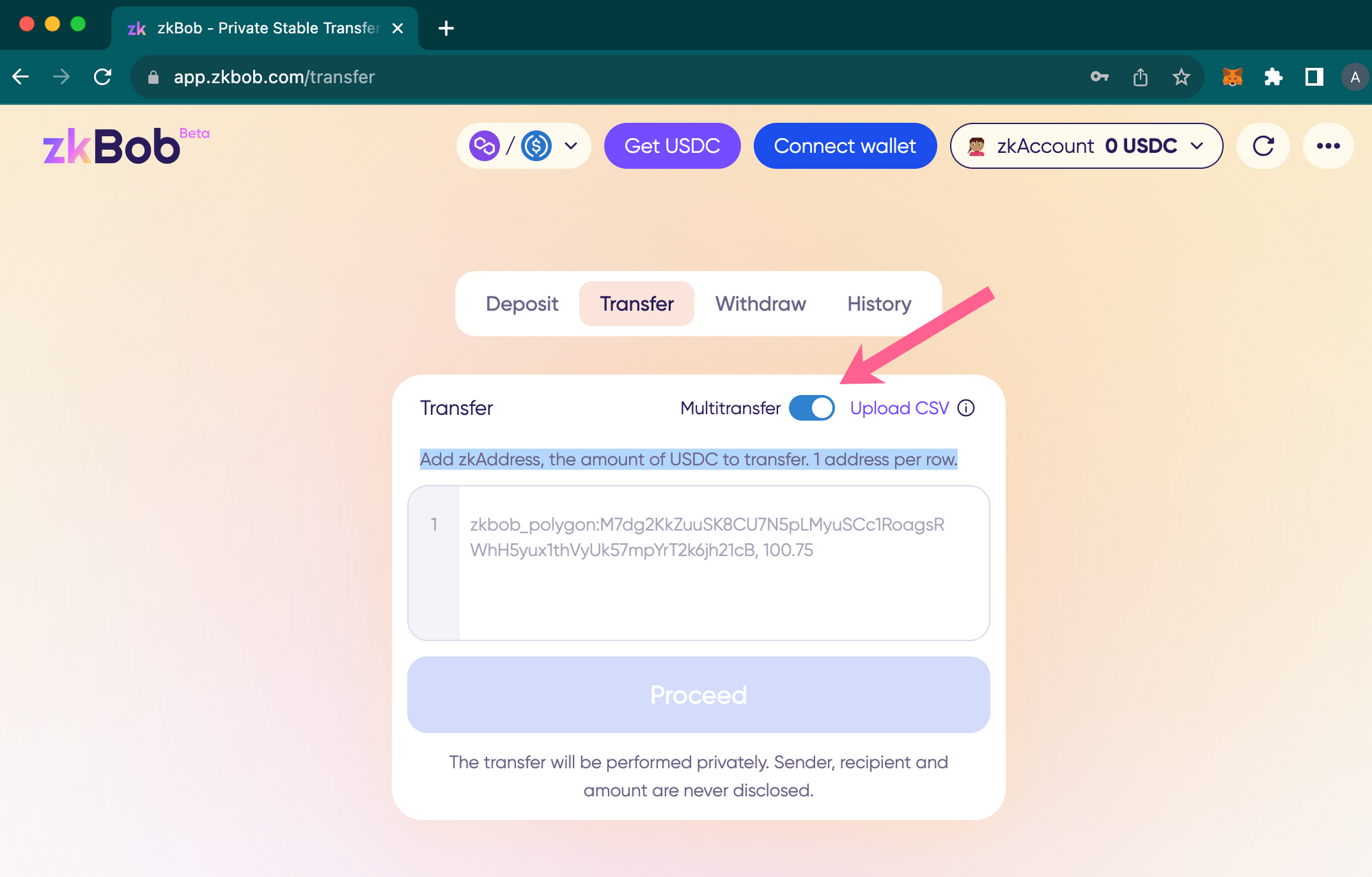 How to transfer USDC privately to multiple addresses in a single transaction