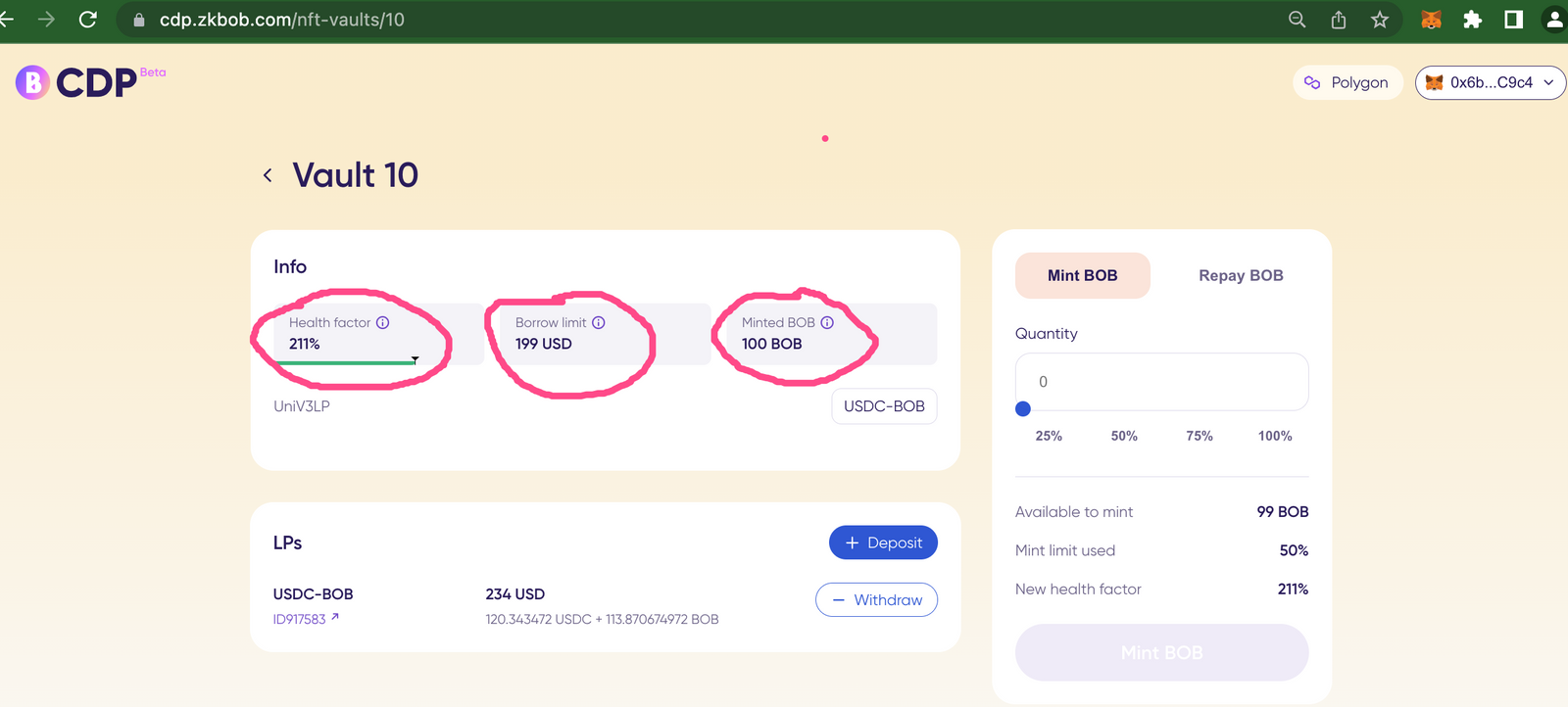 View loan health factor in BOB CDP