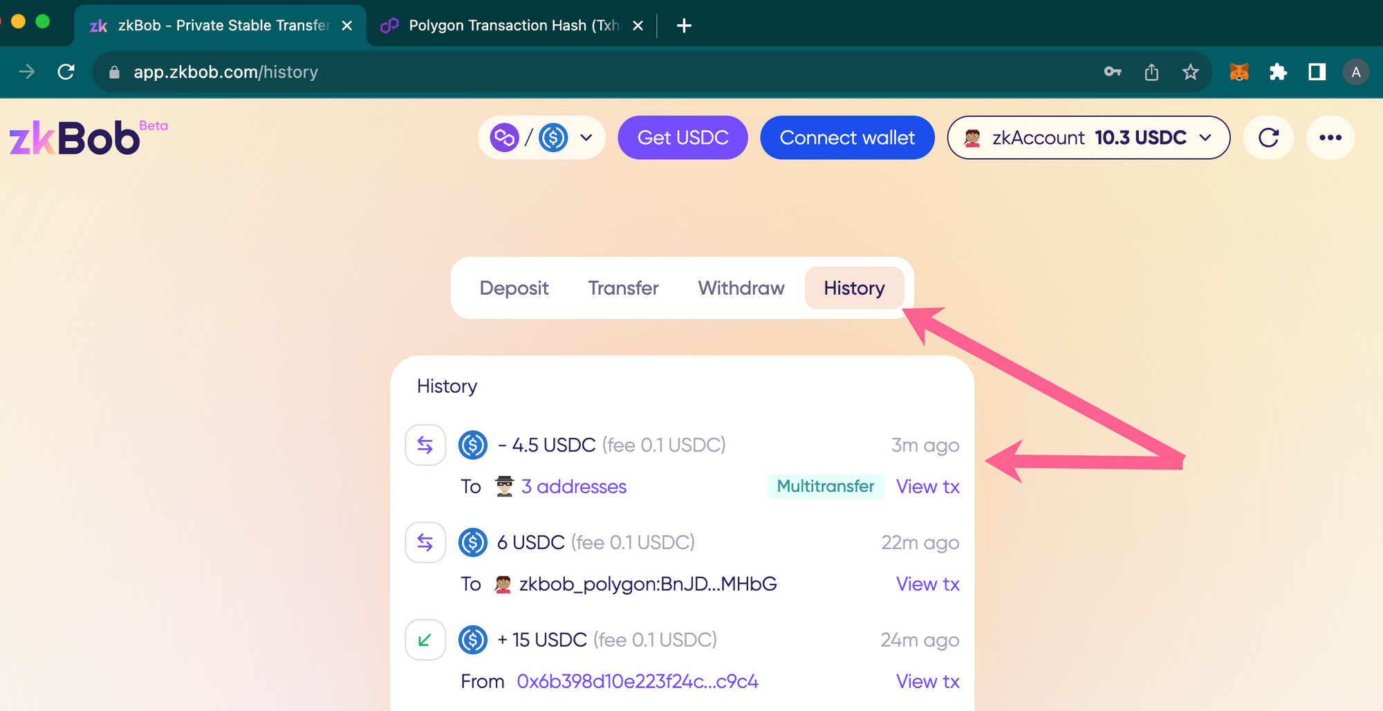 View zkBob history for private USDC bulk transfers