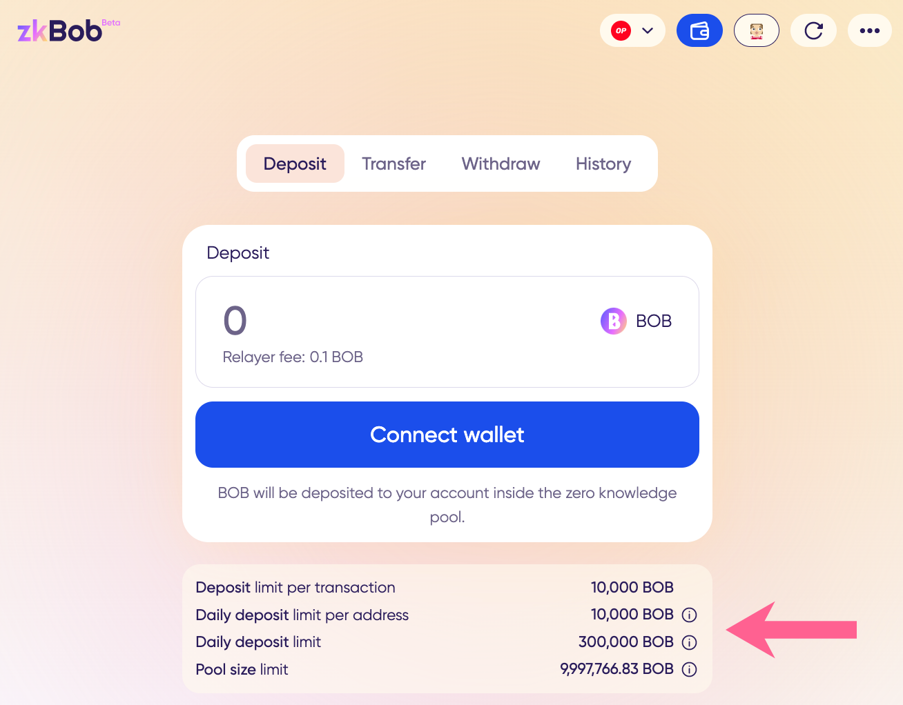 View your zkBob limits on Optimism