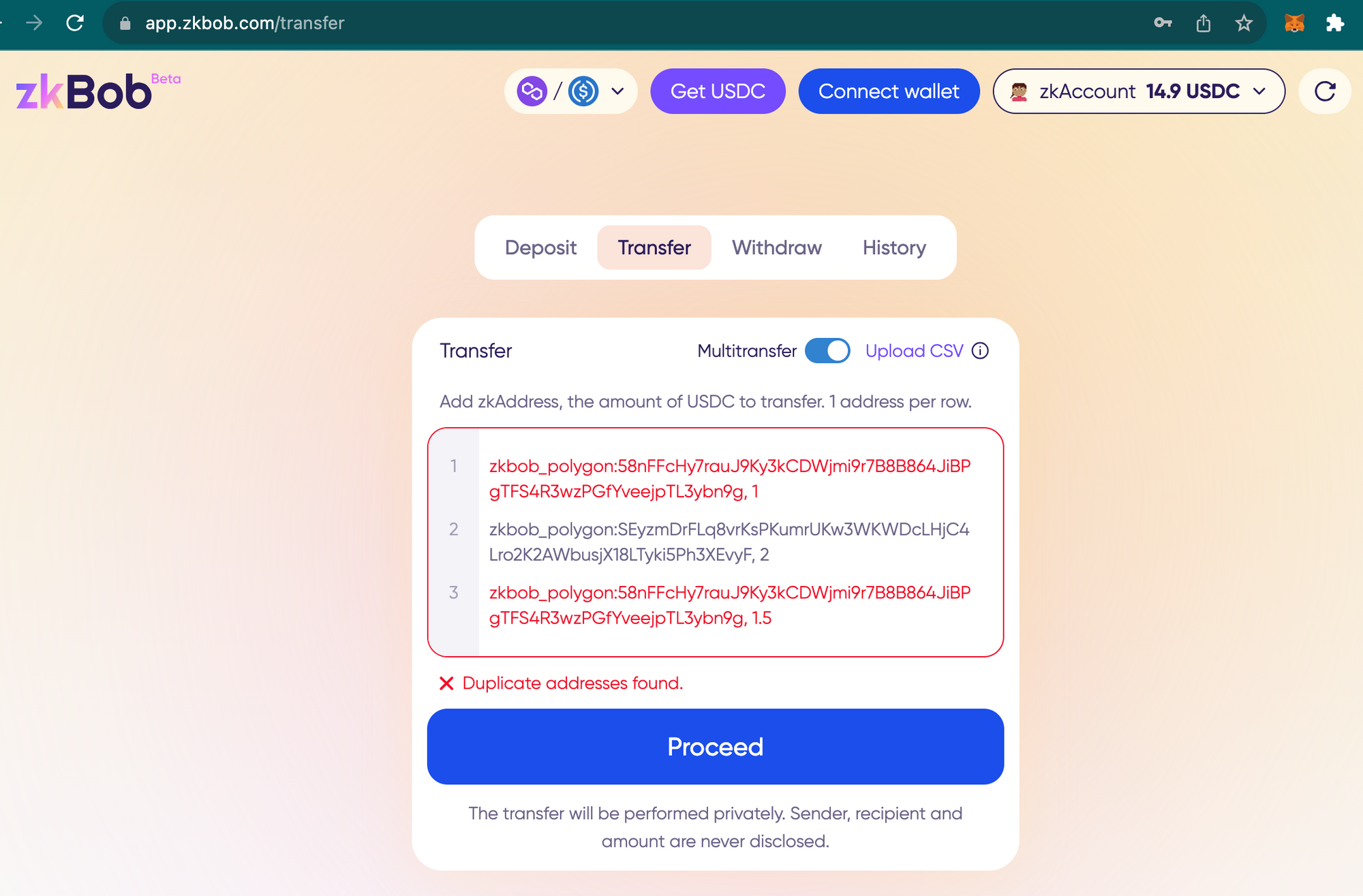 How to transfer USDC privately to multiple addresses in a single transaction