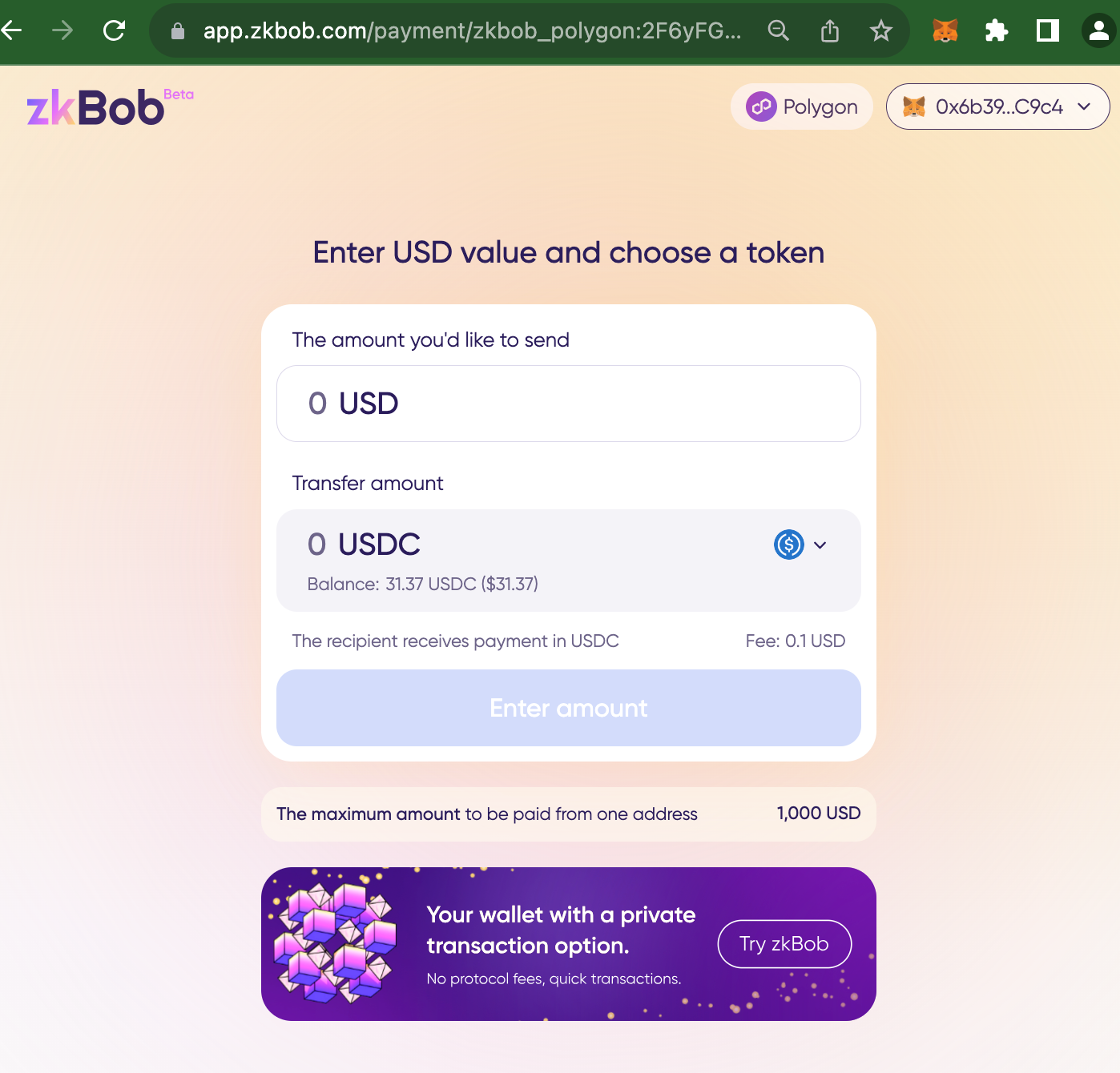 Crypto private payment link sender